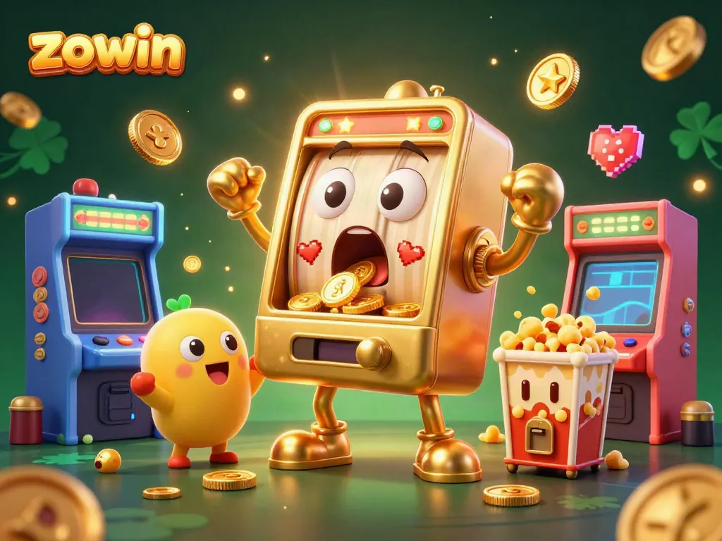 Zowin's vibrant 3D illustration features a joyful golden slot machine celebrating a jackpot, surrounded by cheering baby machines and arcade elements.
