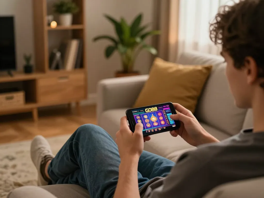 Engaging with the GO88 casino app during a cozy gaming session at home.
