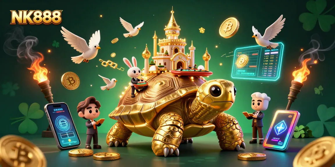 Experience the thrill of NK888 with a dynamic casino scene featuring a golden tortoise and vibrant game elements.