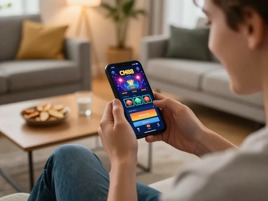 Person joyfully placing bets on CM88 mobile app in a cozy living room