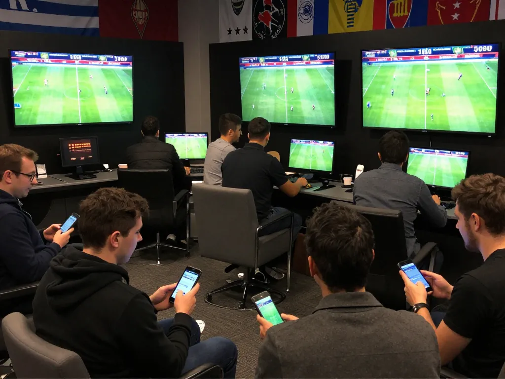 View of intense sports betting scene, showcasing kèo nhà cái excitement with people engaged in live match strategies