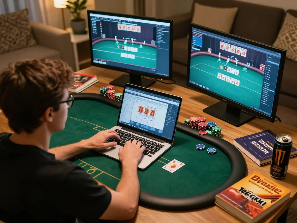 RR88 poker player analyzing gameplay on laptop, showcasing strategic betting and responsible gaming environment