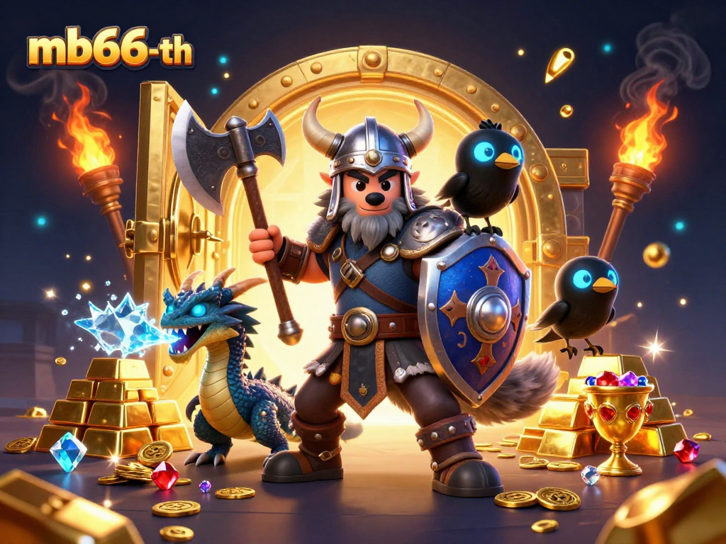 Engage with thrilling games at mb66-th featuring a Viking warrior, fierce dragon, and glowing treasures.