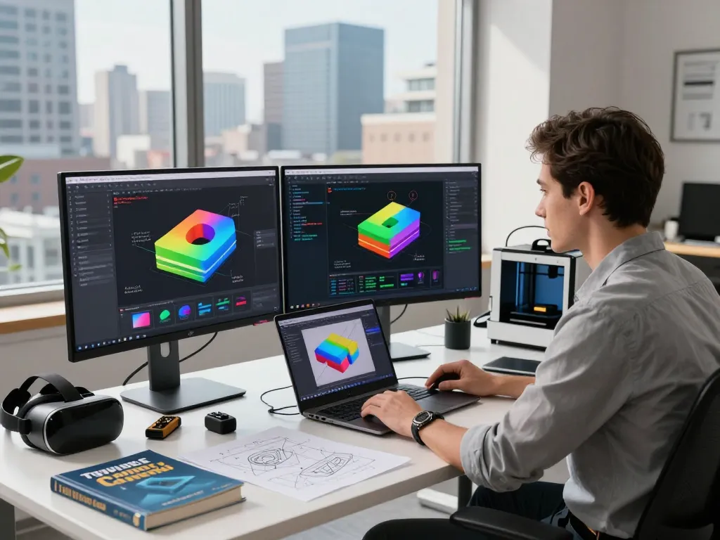 Engineer developing 3D product configurator software in a vibrant tech workspace.