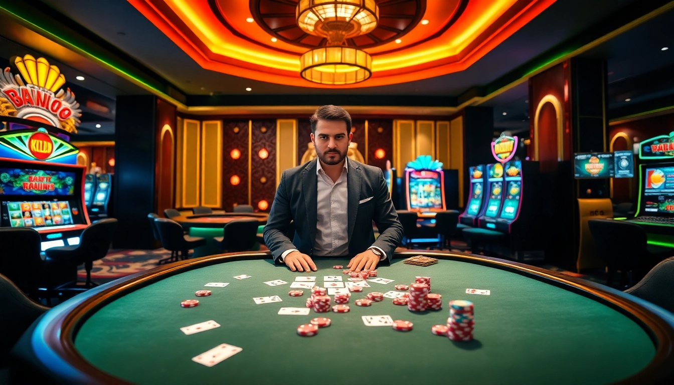 Raja Luck casino scene with players engaged in poker and vibrant gaming activities.
