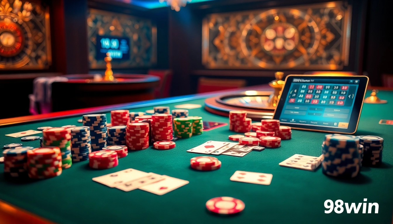 Experience the thrill of 98win's gambling action with vibrant poker chips and a strategic casino table setup.