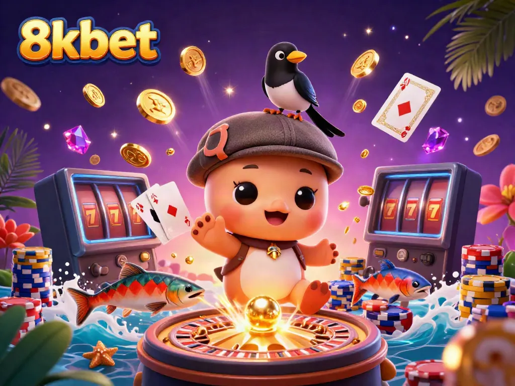 Experience the thrill of 8xbet with vibrant casino scenes featuring cute characters and dazzling game elements