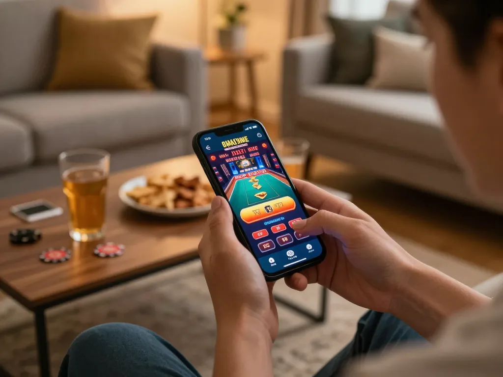 Engaged in online gambling with itwshow app on smartphone, cozy atmosphere showcasing responsible gaming.