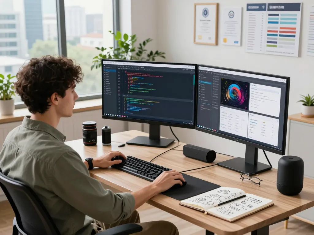 Software developer actively coding at Techsslaash com workspace with innovative tech setup and modern skyline.