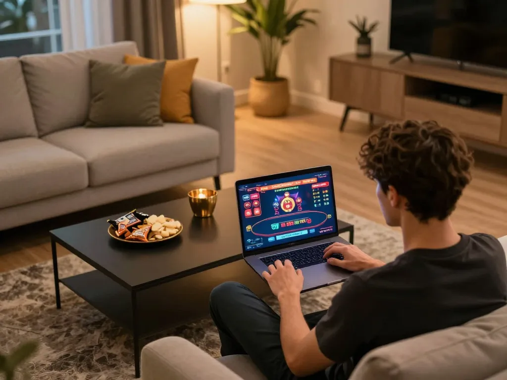 Engaged player using HELLO88 app on laptop for online gambling with cozy setup.