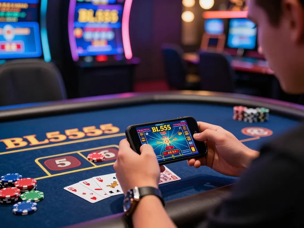 Excited player enjoying online gaming at BL555 with colorful chips and cards on a digital casino table.