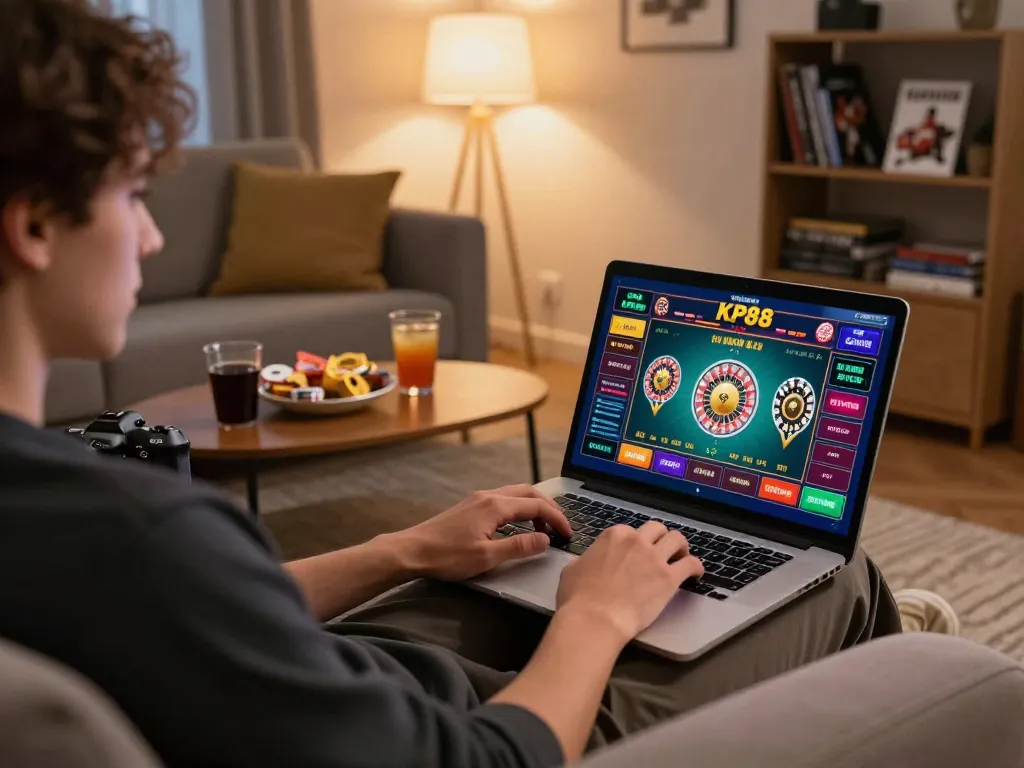 Player enjoying KP88 online casino gaming on a laptop in a cozy home setting.