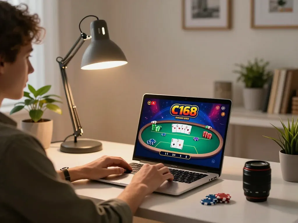 C168 online gaming session showcasing a player engaging with a poker game on their laptop