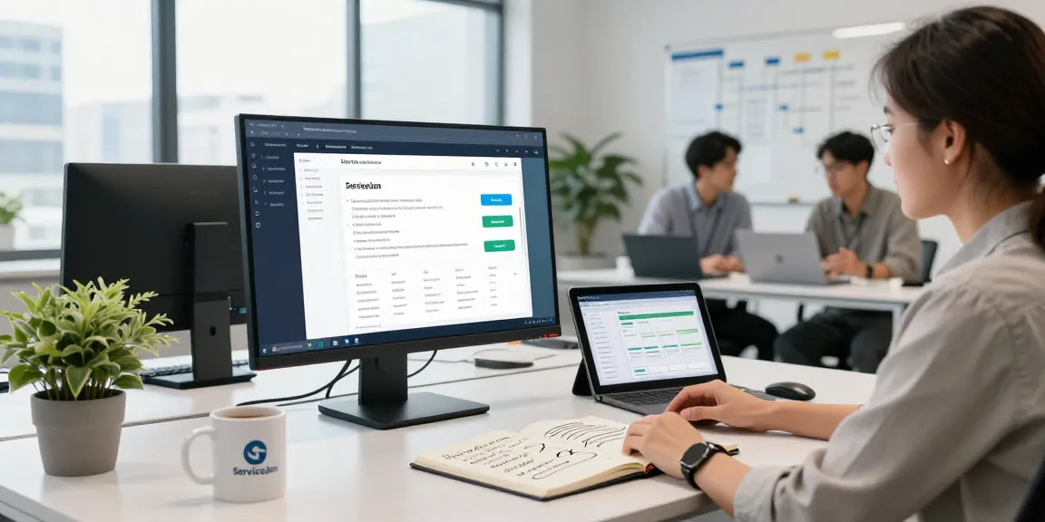 field service management software interface displayed by a developer in a modern office showcasing productivity and collaboration