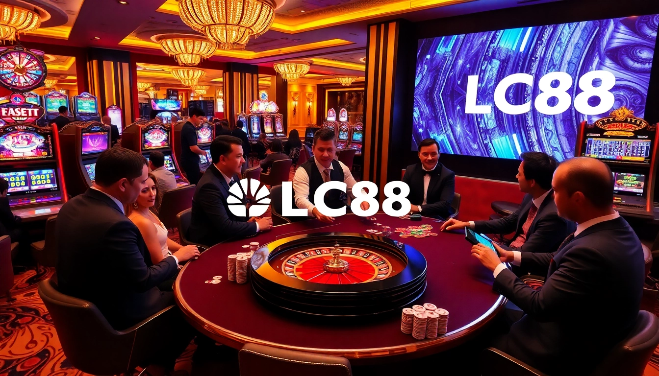 Excited players at LC88 enjoying poker and roulette in a luxurious casino setting.