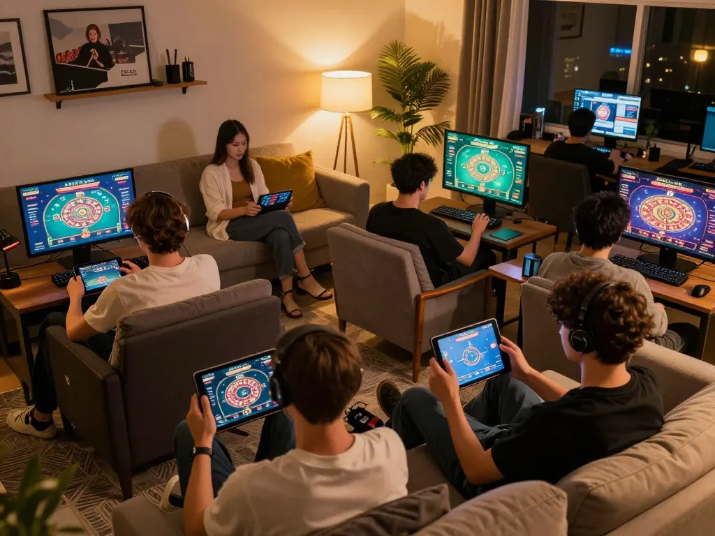 Engaging players enjoying online casino games on 5699 com tablet, showcasing strategic gambling.