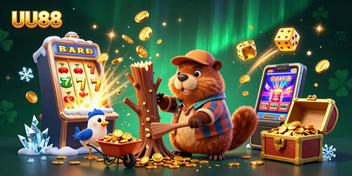 Join UU88 for thrilling casino fun with a cartoon beaver and friends celebrating winning jackpots!