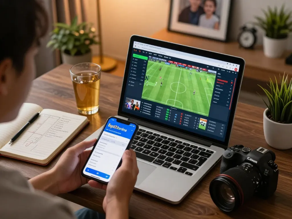Engaging football betting at bgd33online with laptop and smartphone, showing live odds and strategies.