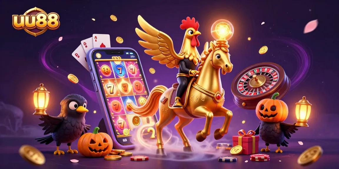 uu88 gaming scene unfolds as a golden rooster hero rides through a magical casino filled with colorful slot games.