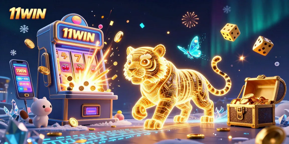 Unleash game excitement at 11WIN with vibrant digital slots and animated golden tiger in a dazzling casino.