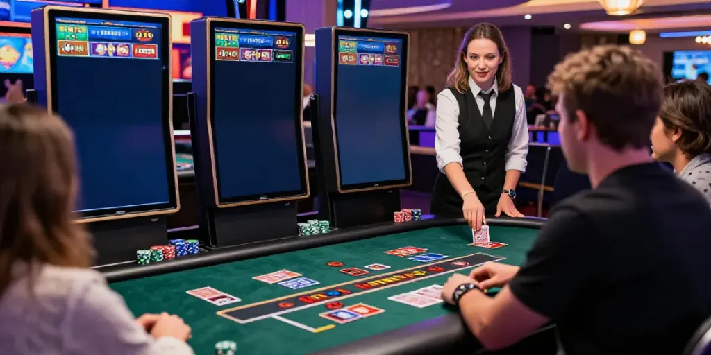 Dewalive live casino gaming experience with players at a sleek table, vibrant atmosphere, and friendly dealer.