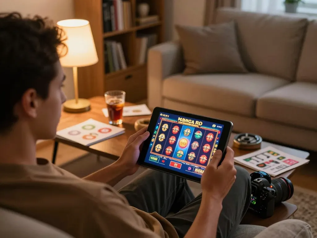 Player enjoying Fly88 online casino gaming on a tablet, cozy home atmosphere with strategic notes.