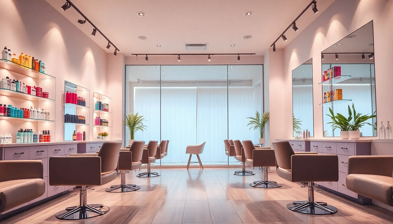 Interior of top rated hair salons showcasing stylish design and vibrant products.