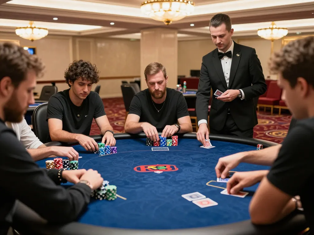 Players strategize at a poker table in a luxurious casino at RR88 NAVY.