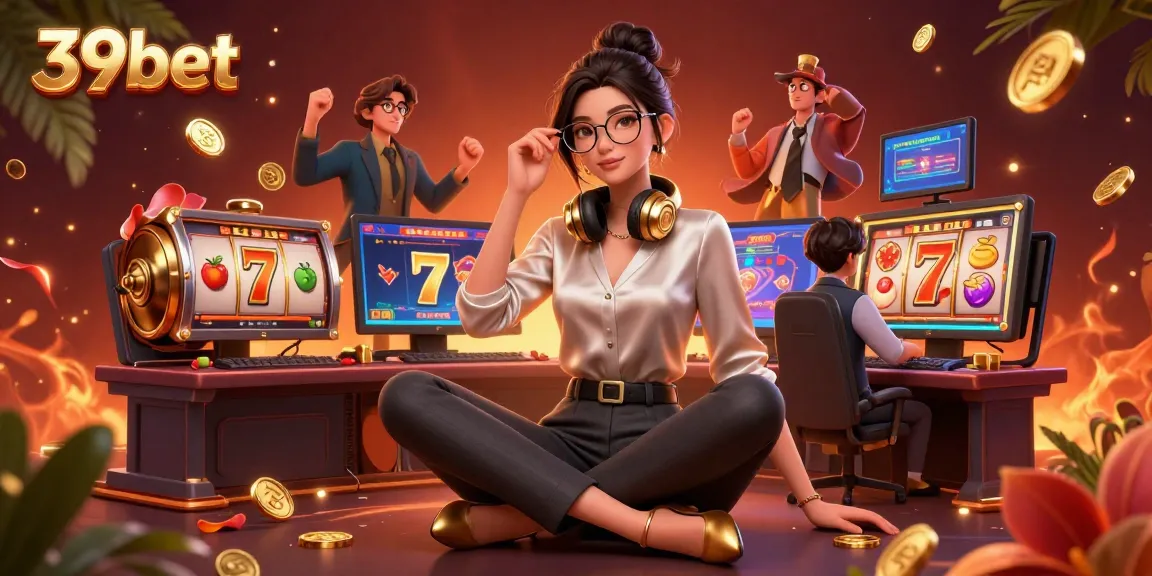 Play thrilling casino games at 39bet, showcasing elegant gaming setup with vibrant slots and gold elements.