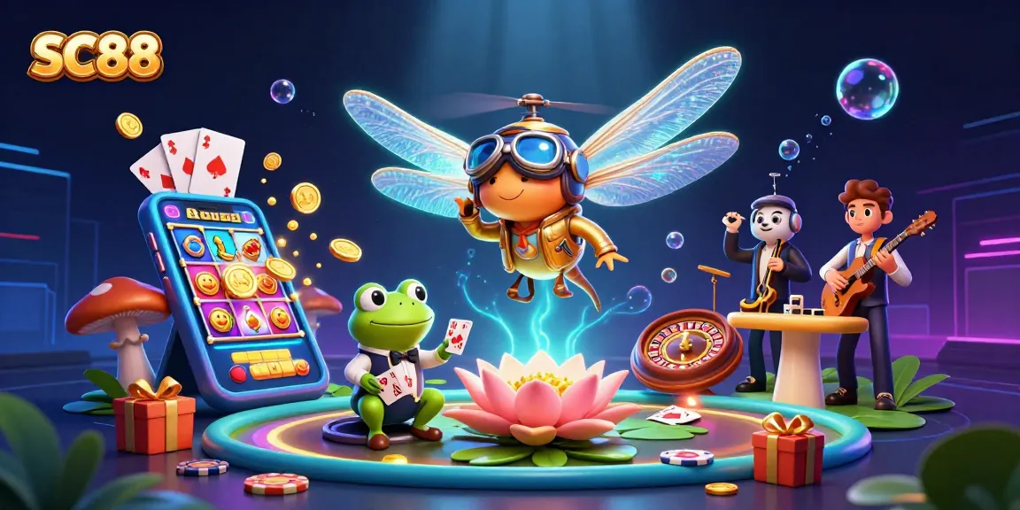 Experience SC88 with vibrant 3D casino elements featuring a dragonfly pilot and frog croupier in an exciting gaming scene.