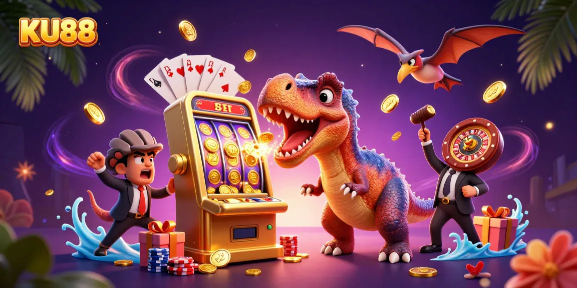 KU88 showcases a dinosaur-themed jackpot scene with exciting slot machine action and flying coins.