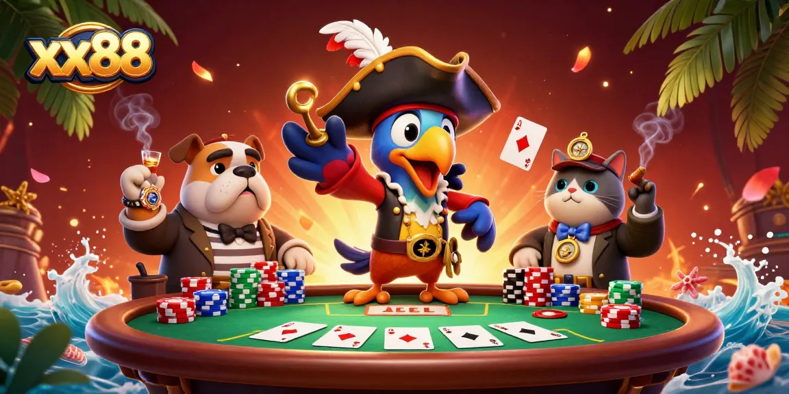 Experience exciting poker gameplay with the xx88 pirate captain and his crew in an animated 3D scene.