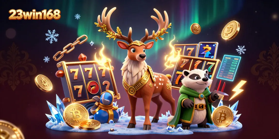 Experience the thrill of gaming at 23win168 with vibrant slot reels and glowing cryptocurrency elements.