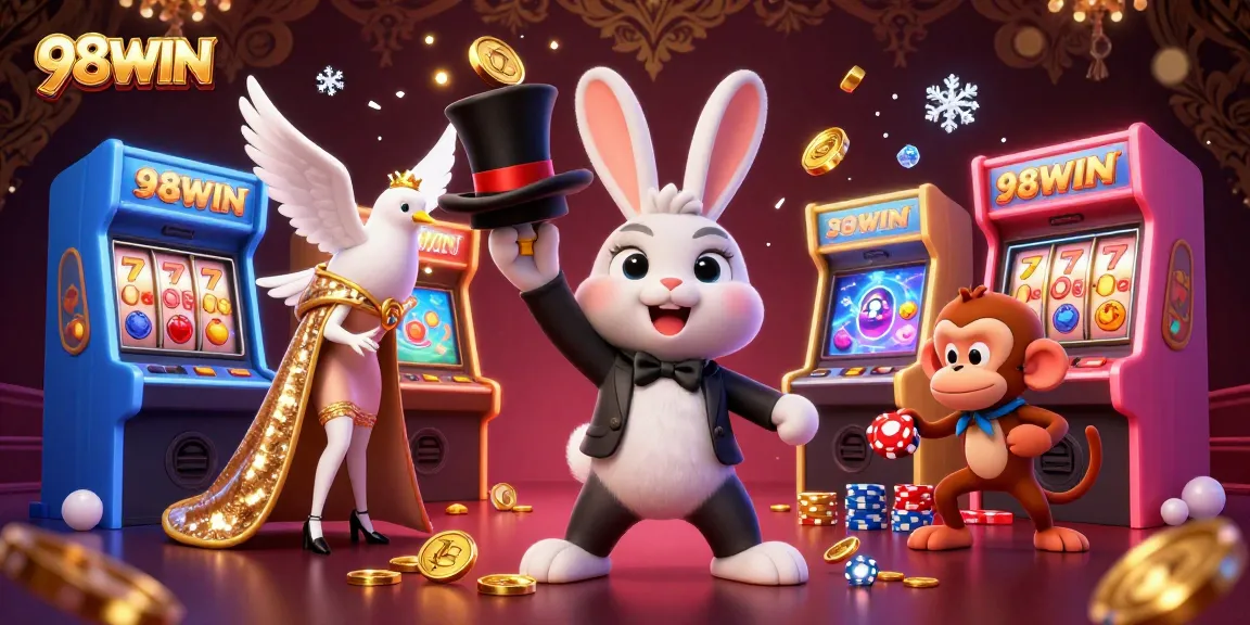 Win big with 98WIN! A whimsical casino scene featuring a magician rabbit and vibrant game elements.