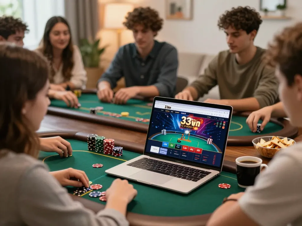Players engaging in a thrilling 33win poker game on a laptop at home, showcasing strategic gameplay.