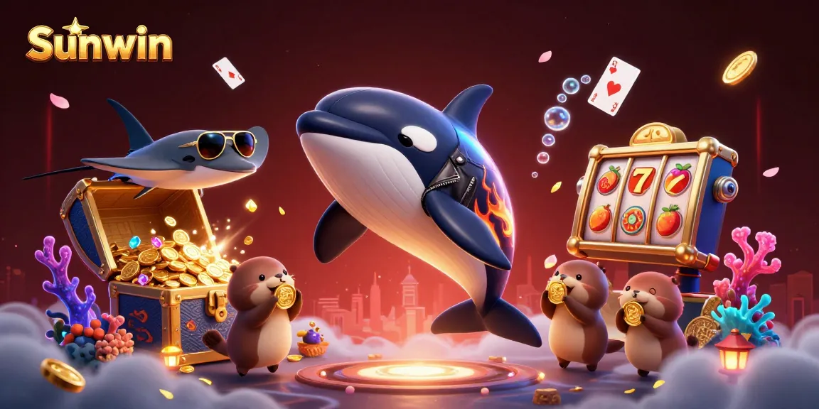 Join Sunwin’s adventure as the orca jumps with coins, cards, and slots in a vibrant underwater scene.