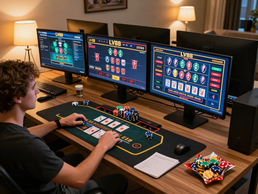 Engaging in online blackjack gameplay at LV88 with colorful cards and chips.
