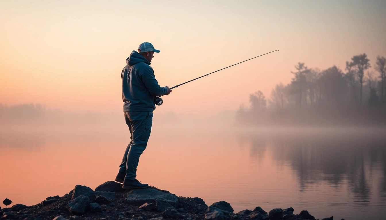 Angler skillfully casts a fly fishing line over a serene lake at sunrise.