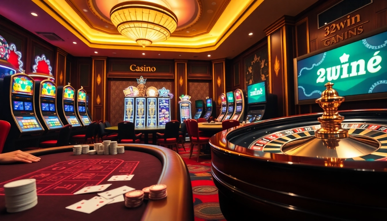 Experience the excitement of 32win.reviews with vibrant casino visuals, showcasing thrilling poker action and slot games.