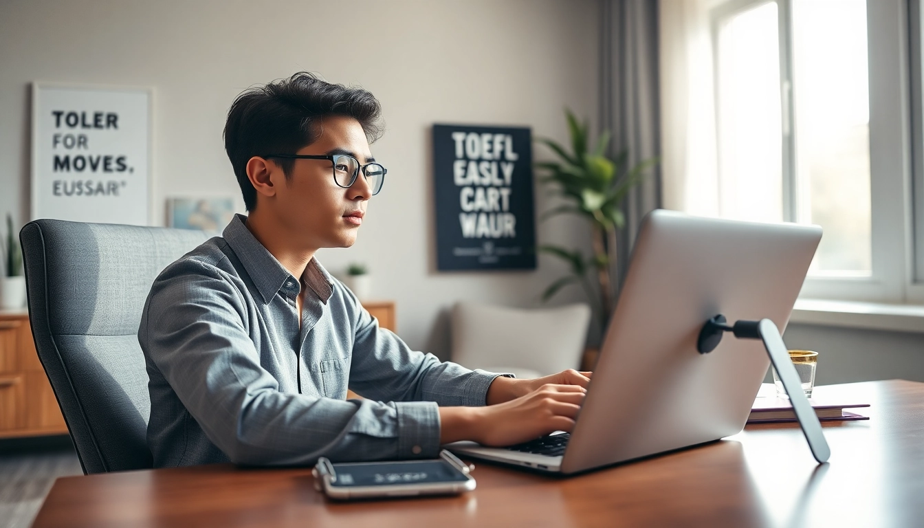 Engaged student preparing to pay someone to take toefl at a modern study desk.