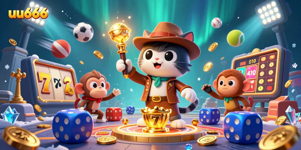 Engage in thrilling slots at uu666 with an explorer cat's adventure in a vibrant casino world.