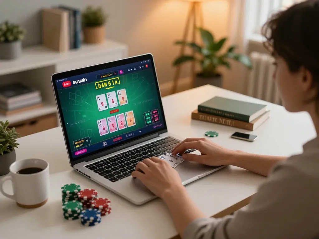 Engaging online gambling scene with sunwin app, showcasing a live dealer game on a laptop