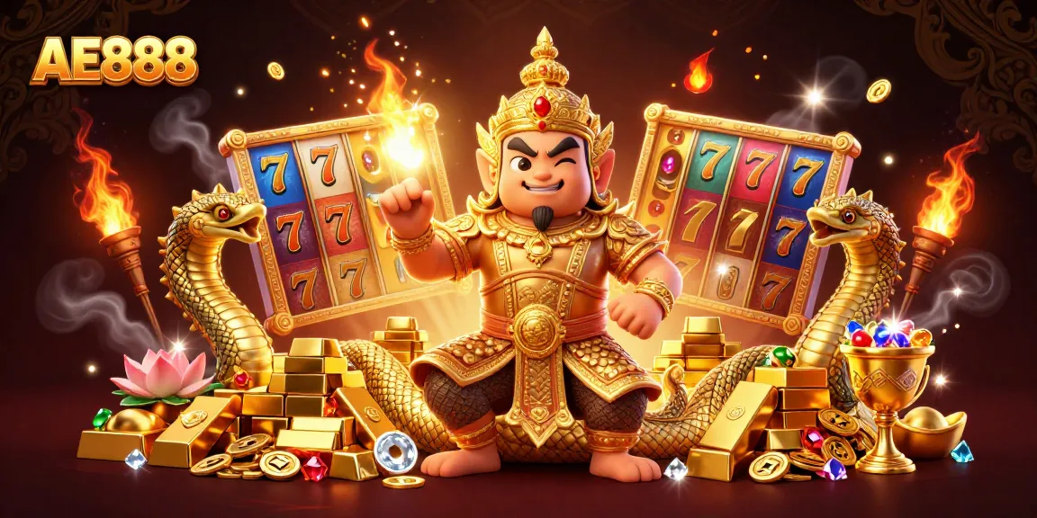 Experience thrilling wins at AE888 with exciting slot reels and treasure-filled scenes.