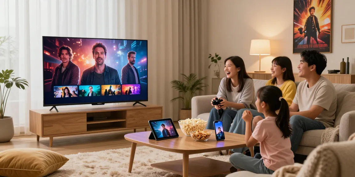 Family enjoying IPTV streaming together while watching movies, showcasing the benefits of buy iptv germany.