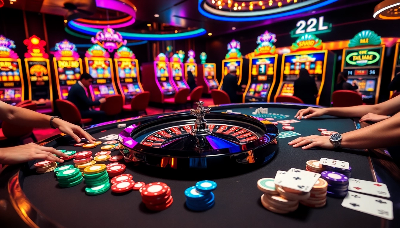 Players engage with thrilling casino games at 22JL, vibrant roulette table and poker chips in focus.