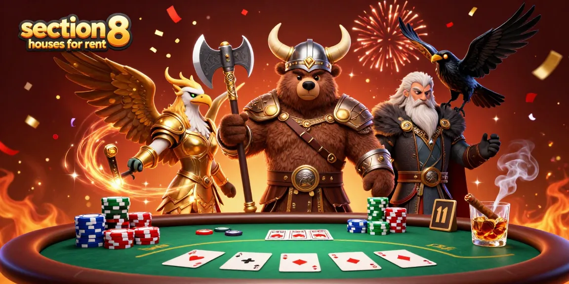 Engage with vibrant section 8 houses for rent illustration showcasing poker elements and animated characters.