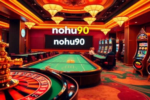 A vibrant casino scene showcasing nohu90 with players at roulette, poker, and slot machines.
