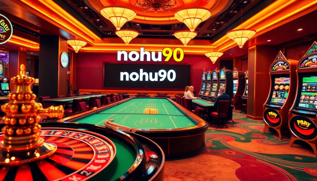 A vibrant casino scene showcasing nohu90 with players at roulette, poker, and slot machines.
