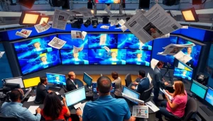 Capture the dynamic essence of https://www.thedailynewsonline.com with reporters in action in a vibrant newsroom setting.