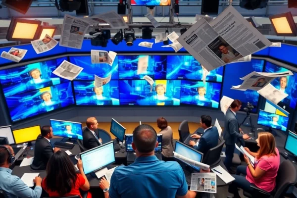 Capture the dynamic essence of https://www.thedailynewsonline.com with reporters in action in a vibrant newsroom setting.